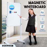 Double Sided Interactive Whiteboard Magnetic Mobile White Board Dry Erase Casters Stand 60cmx90cm Height Adjustable