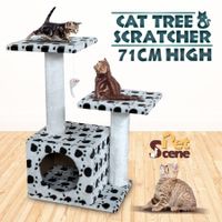 Cat Tree 71cm Gym Scratching Post Play Center with Cube Burrow/Hanging Toy Mouse - 3 Levels - White with Black Paw Prints