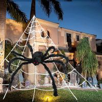Halloween Decorations Outdoor 200" Halloween Spider Web + 47" Giant Spider Black Fake Hairy Spider with Triangular for Outside Yard,Lawn,Tree