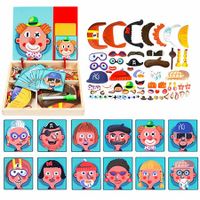 Wooden Magnetic Jigsaw Puzzles Toy, Crazy Face Dress Up Game for Imagination Play，Educational Puzzle Games, Double Sided Drawing Easel for Kids