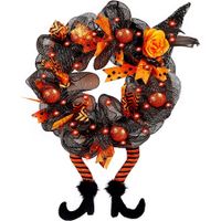 Halloween Decorations Wreaths with Witch Hat and Legs, Lighted LED Lights, for Door, Wall, to Decorate Parties, Celebrations