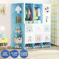 DIY Plastic Wardrobe Toy Box Rack Book Shelf Cupboard Closet Organizer Cloth Portable 12 Cube 4 Corner Cabinet 3 Shoe Storage Blue