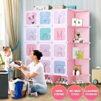 DIY Plastic Wardrobe Cupboard Toy Rack Book Shelf Closet Organizer Cloth Storage Portable 12 Cube 4 Corner Cabinet 3 Shoe Box Pink