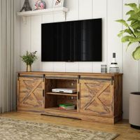 Wood TV Unit Stand Entertainment Centre Vintage Console Table Farmhouse Storage Cabinet Sliding Barn Door Modern Brown 180cm 