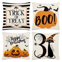 Set of 4 Halloween Pillow Covers 18" x 18", Happy Halloween Linen Pillowcases for Sofa Bed