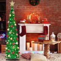 1.5m Tinsel Prelit Christmas Tree  50 Color Lights Pop Up Artificial Pencil Slim Tree 30 Ball Ornaments Xmas Decoration Indoor Home Party(3AA Batteres Not Included)