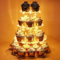 Cupcake Stand 4 Tier Round Acrylic cake Display Stand with LED String Lights Dessert Pastry Tower for Wedding Birthday Party 4mm Thick