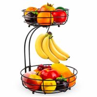2-Tier Countertop Fruit Vegetables Basket Bowl Storage With Banana Hanger, Black
