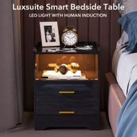 Luxsuite Smart Bedside Table Black LED Side End Nightstand Sofa Storage Cabinet Bedroom Full High Gloss 2 Drawers 1 Open Shelf USB Type-C Port Human Induction
