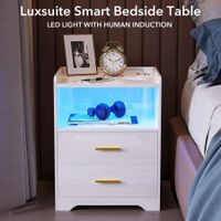 Luxsuite Smart Bedside Table White LED Nightstand Side Storage Cabinet Sofa End Bedroom Full High Gloss 2 Drawers 1 Open Shelf 2 USB Port Human Induction