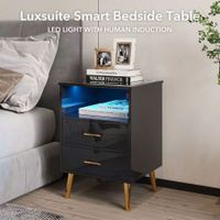 Luxsuite Smart Bedside Table Black Side LED Nightstand End Storage Cabinet Bedroom Full High Gloss 2 USB Ports 2 Drawers 1 Open Shelf Human Induction