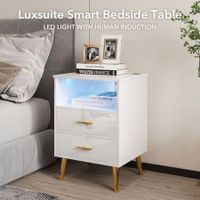 Luxsuite Smart Bedside Table White Nightstand LED Side End Storage Cabinet Bedroom Full High Gloss 2 Drawers 1 Open Shelf 2 USB Ports Human Induction