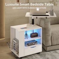 Luxsuite Smart Bedside Table White LED Cabinet Storage Nightstand Bedroom Full High Gloss Finish with Drawer Adjustable Laptop Desk 2 Shelves USB Type-C Port