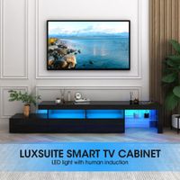 Luxsuite Smart TV Unit Black Stand Entertainment Centre LED Console Table Storage Cabinet Bench Shelf Rack 3 Drawers Full High Gloss Finish Human Induction