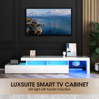 Luxsuite Smart TV Unit Stand White Entertainment Centre LED Storage Cabinet Console Table Bench Shelf Rack 3 Drawers Full High Gloss Finish Human Induction