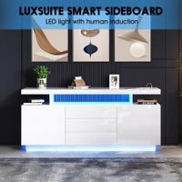 Luxsuite Smart White TV Stand Unit LED Entertainment Centre Sideboard Cupboard Buffet Storage Cabinet Full High Gloss 2 Doors 3 Drawers Human Induction