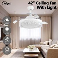 Ceiling Fan Light With LED Remote Control Cooling Quiet Retractable Bedroom Living Room Modern 3 Blades 3 Speed 4 Timers 42 Inch White
