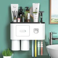 Bathroom Toothbrush Holder Wall Mounted Automatic Toothpaste Dispenser - Electric Toothbrush Holder with Toothpaste Squeezer,Magnetic Cup,Storage Drawer and 4 Toothbrush Organizer Slots(Black,2 cups)
