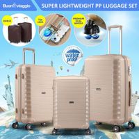 Carry On Suitcase Travel Luggage Hard Set 3 PCS PP Lightweight Rolling Aluminium Trolley Spinner Wheels TSA Lock Double Zipper Champagne