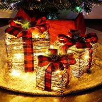 Lighted Rattan Gift Boxes Decorations 60 LED Warm White Light Up Christmas Tree Skirt Ornament Present Boxes Set of 3
