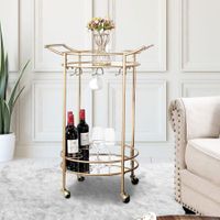 Gold Bar Cart Drinks Trolley Wine Coffee Tea Kitchen Outdoor Serving Round 2 Mirror Shelves Wine Holders Hooks Handles