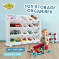 Kids Toy Box Organiser Bookshelf Storage Rack Display Shelf 4 Tier 16 Plastic Bins Drawers Unit White Kidbot