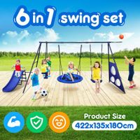 Swing Set With Slide Seesaw Basketball Hoop Football Gate Outdoor Playset Children Metal 6 In 1