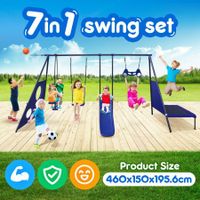 Swing Set With Slide Seesaw Trampoline Trapeze Basketball Hoop Football Gate Outdoor Children Playset Metal 7 In 1