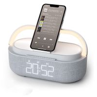 Bluetooth Speaker with Digital Alarm Clock Wireless Charger FM Clock Radio Adjustable LED Night Light 2500mAh Battery for Bedroom Home