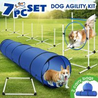 7PCS Dog Agility Equipment Obstacle Course Pet Training High Tire Hurdle Jump Exercise Supplies Sports Tunnel Weave Pole Pause Box with Bags