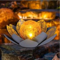 Solar Light Outdoor Metal Glass Decorative Waterproof Garden Light LED Lotus Flower Table Lamp (Grey)