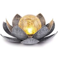 Solar Light Outdoor Metal Glass Decorative Waterproof Garden Light LED Lotus Flower Table Lamp (Black Silver)