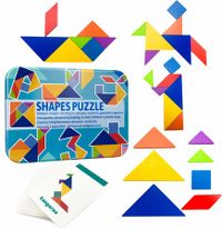 Tangram Pattern Puzzles Set Woodiness Blocks Colorful Tangram Sorting 60 Design Cards with 120 Pattern Jigsaw Puzzle Age 3+