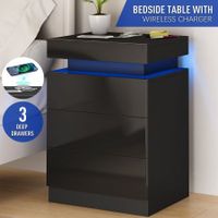 Black Bedside Table Bedroom Dresser Chest of 3 Drawers Nightstand Modern Floor Storage Cabinet LED Lights Wireless Charging 3 USB Ports High Gloss Front