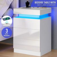 White Bedside Table Chest of 3 Drawers Nightstand Bedroom Dresser Storage Cabinet Wooden Modern LED Lights Wireless Charging 3 USB Ports High Gloss Front