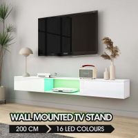 Wall Mounted TV Cabinet White LED Entertainment Unit Floating Stand Console Bench Open Storage Shelf 2 Drawers High Gloss Front Wood Furniture 200cm