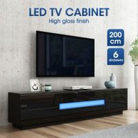 Black TV Stand LED Cabinet Entertainment Unit Wooden Console Bench High Gloss Front Living Room Storage Furniture 200cm