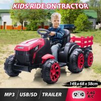 Kids Ride on Off Road Remote Control Tractor 12V Battery Electric Toy Trailer MP3 Player Safety Belt LED Light Red