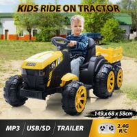 Kids Off Road Ride on Toy Tractor Remote Control 12V Battery Trailer MP3 Player Safety Belt LED Light Yellow