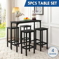 5PCS Bar Table Set 4 Stools Chairs Black Dining Room Kitchen Breakfast Counter Narrow Modern Furniture Wooden Top Metal Legs