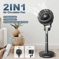2in1 Air Circulator Electric Fan Pedestal Cooling Standing Floor Atomization Black Portable Quiet Oscillating Remote 2 Wind Modes 9 Speeds Bedroom Office
