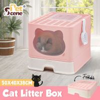 Cat Litter Box Kitty Toilet Training Enclosed Front Top Entry Lid Large Covered Hooded Kitten Potty Pan Furniture Scoop Foldable Pink