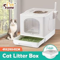 Cat Litter Box Enclosed Kitten Pet Toilet Training Kitty Enclosure Top Front Entry Removable Tray Large Furniture Scoop Collapsible Light Grey