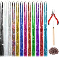 Hair Extension Tinsel with Tool 12 Colors 120cm Hair Extension Tinsel Kit Glitter Hair Accessories for Christmas New Year Halloween Cosplay Party