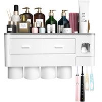 Toothbrush Holders for Bathrooms,4 Cups Toothbrush Holder Wall Mounted with Toothpaste Dispenser,Large Capacity Tray,2 Cosmetic Drawer and 7 Brush Slots with Cover Tooth Brush Holder