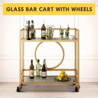 Gold Bar Cart Trolley Serving Drink Coffee Liquor Tea Wine Cocktail Alcohol Whiskey Trolly Rolling Mobile Metal Wheels 2 Tiers Tempered Glass