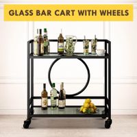 Black Bar Cart Trolley Drink Coffee Serving Liquor Tea Wine Cocktail Alcohol Whiskey Trolly Beverage 4 Rolling Wheels 2 Trays Tempered Glass