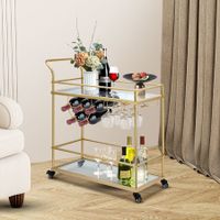 Bar Cart Gold Drinks Coffee Trolley Serving Liquor Wine Cocktail Alcohol Whiskey Trolly Holder Home Kitchen Rolling Metal Tempered Glass Storage