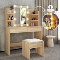 Dressing Table Makeup Mirrored Lighting Vanity Dresser Set Bedroom with Stool Drawers Oak