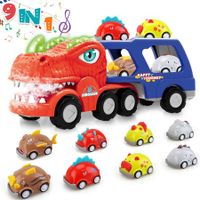 Dinosaur Truck Toy for Toddler Boys Girls 9-in-1 Transporter Car Truck Toy with Smoke, Light and Sound Birthday Christmas Gift Children